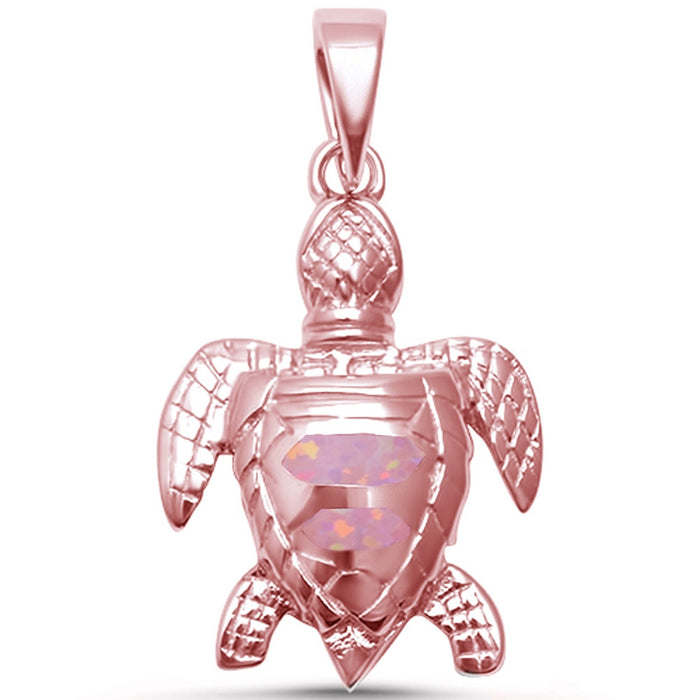CLOSEOUT! Cute Pink Opal Rose Gold Turtle .925 Sterling Silver Pendant