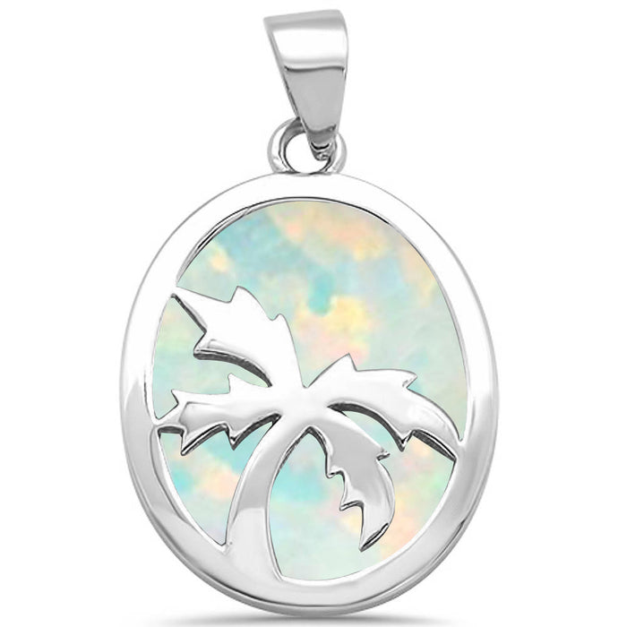 CLOSEOUT! Solid White Opal with Palm Tree Design .925 Sterling Silver Pendant