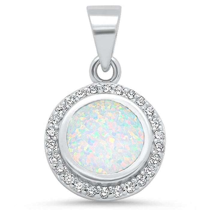 Round White Opal & Cz .925 Sterling Silver Pendant