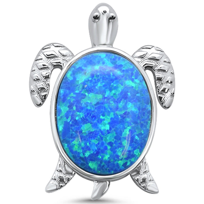 Blue Opal Oval Turtle .925 Sterling Silver Charm Pendant