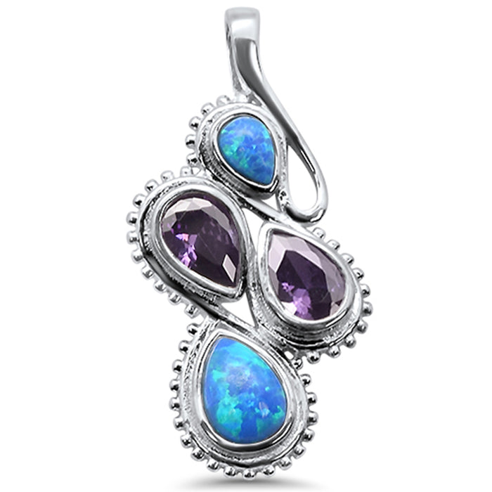 CLOSEOUT! Blue Opal Amethyst Pear .925 Sterling Silver Charm Pendant