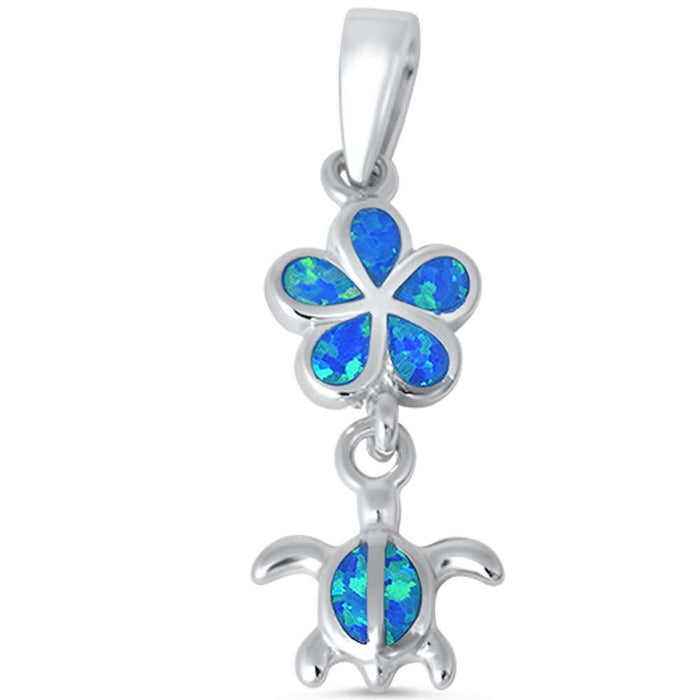 CLOSEOUT! Blue Opal Plumeria and Turtle .925 Sterling Silver Pendant