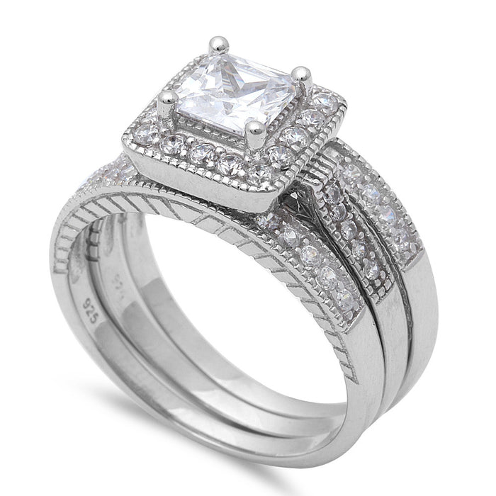 CLOSEOUT! 3 Piece Set Princess Cut Solitaire .925 Sterling Silver Ring Set