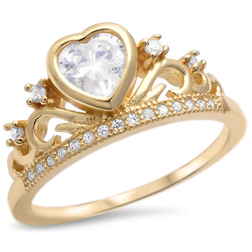 CLOSEOUT!Yellow Gold Plated Cz Heart Crown .925 Sterling Silver Ring