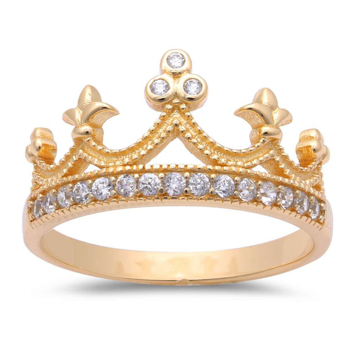 CLOSEOUT! Yellow Gold Plated Cubic Zirconia Crown .925 Sterling Silver Ring