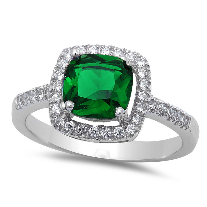 CLOSEOUT!Cushion Cut Emerald Ring with CZ Sterling Silver Sizes 4, 8, 10