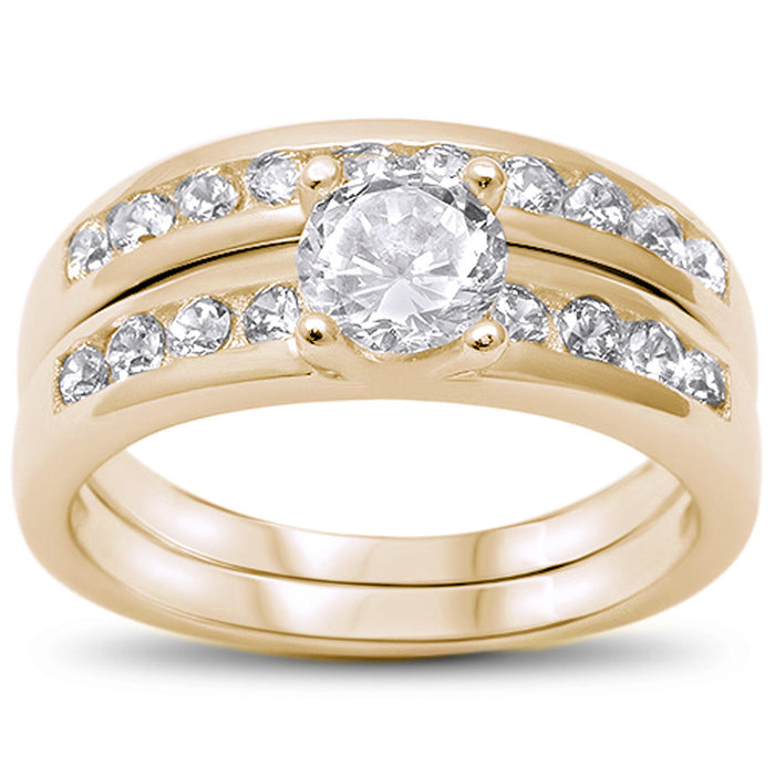 CLOSEOUT!2 Piece Yellow Gold Plated Round Cubic Zirconia Channel Set .925 Sterling Silver Ring Sizes 5-10