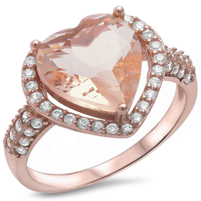 CLOSEOUT! Rose Gold Plated Morganite & Pave Cubic Zirconia Heart .925 Sterling Silver Ring
