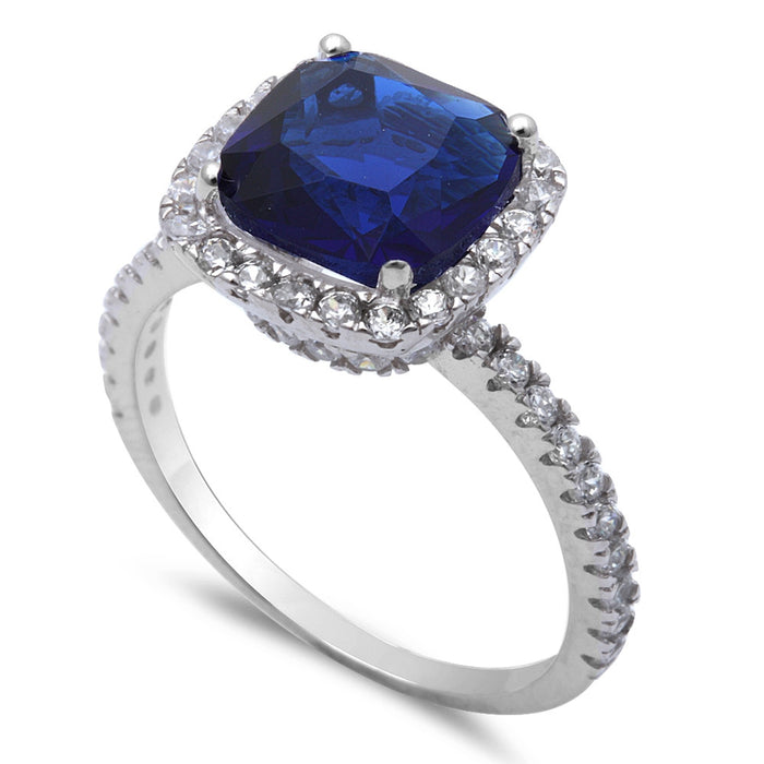 CLOSEOUT! 3ct Cushion Cut Blue Sapphire & Cz .925 Sterling Silver Ring