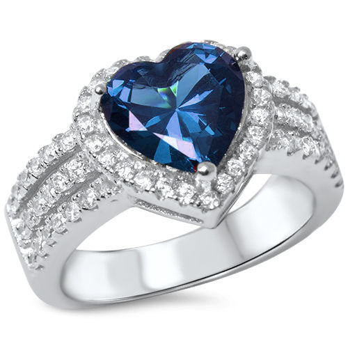 CLOSEOUT! 3ct Heart Shape Blue Sapphire & Cz .925 Sterling Silver Ring