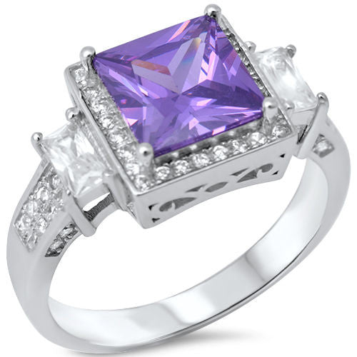 CLOSEOUT! 5.50ct Princess Cut Amethyst & Cz .925 Sterling Silver Ring