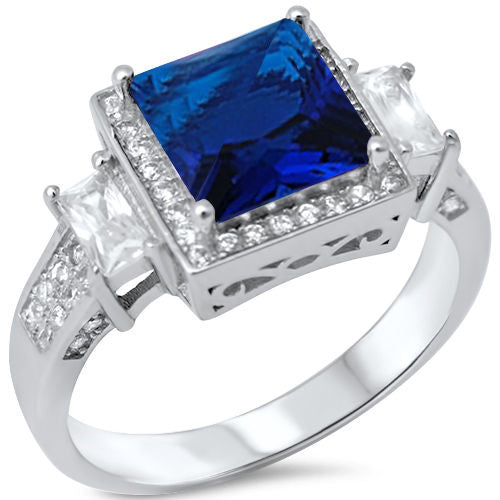 CLOSEOUT! 5.50ct Princess Cut Blue Sapphire & Cz .925 Sterling Silver Ring