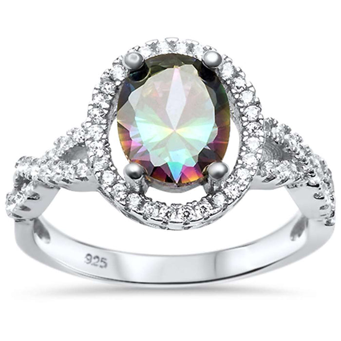 Twisted Prong Rainbow Topaz Oval .925 Sterling Silver Ring