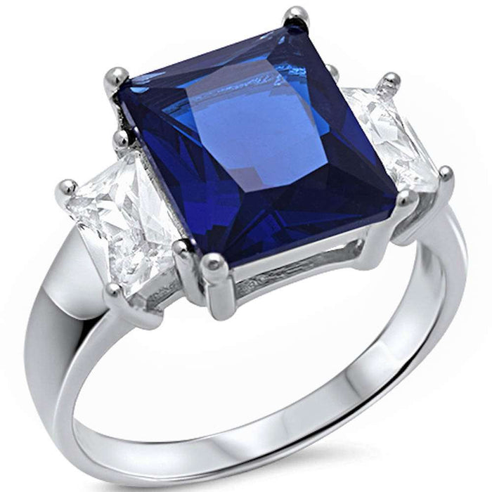 CLOSEOUT!Radiant Cut Blue Sapphire & Baguette Cz .925 Sterling Silver Ring