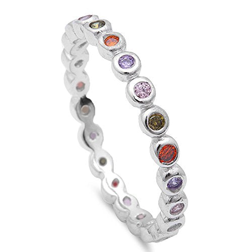 CLOSEOUT!Multi Color Cubic Zirconia Silver Eternity Band .925 Sterling Silver Ring