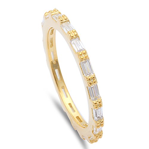 CLOSEOUT! Yellow Gold Bagutte Cubic Zirconia Eternity Style Band .925 Sterling Silver Ring