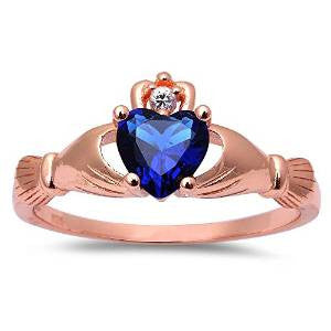 Rose Gold Plated Blue Sapphire & CZ Heart Claddagh .925 Sterling Silver Ring