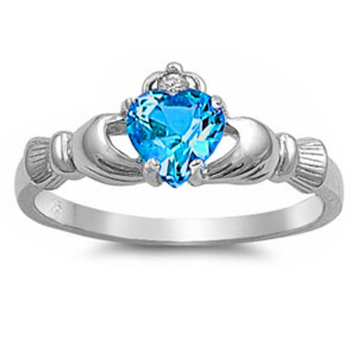Blue Topaz Heart Claddagh .925 Sterling Silver Ring Sizes 3-12