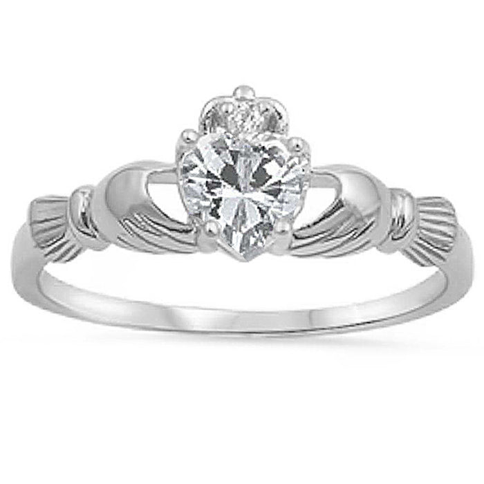 Clear Heart Claddagh Ring .925 Sterling Silver