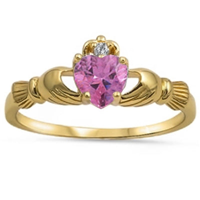 Yellow Gold Plated Pink Topaz & CZ Heart Claddagh .925 Sterling Silver Ring