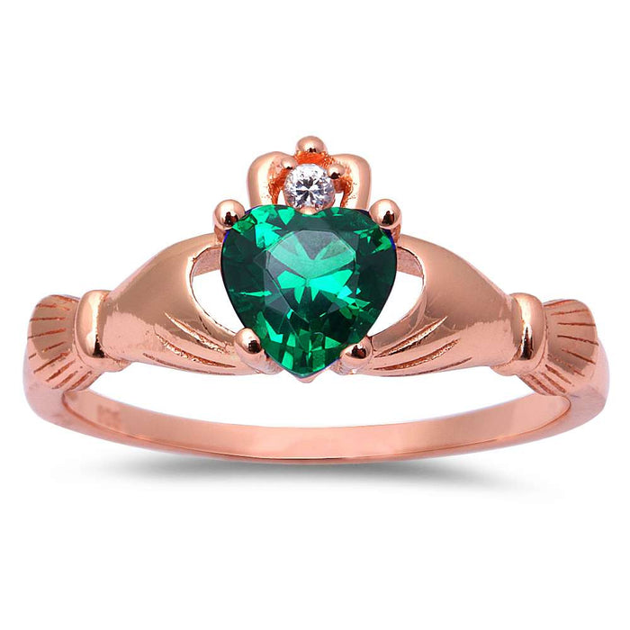Rose Gold Plated Green Emerald CZ Heart Claddagh .925 Sterling Silver Ring Sizes 3-12