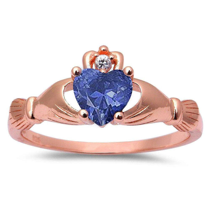 Rose Gold Plated Tanzanite & Cubic Zirconia Heart Claddagh .925 Sterling Silver Ring