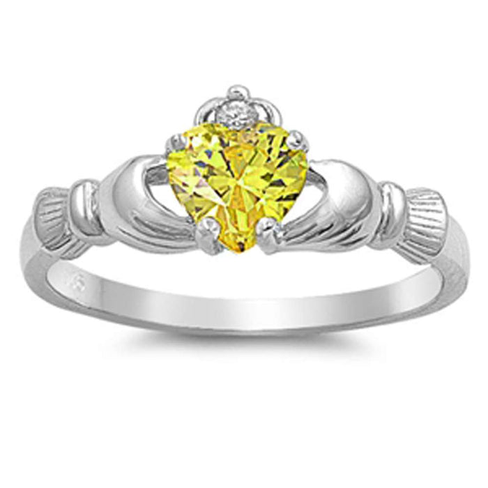 Yellow Topaz Heart Claddagh .925 Sterling Silver Ring Sizes 3-11