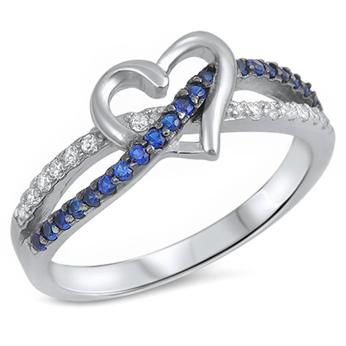 CLOSEOUT! Blue Sapphire & Cz Infinity twist with heart .925 Sterling Silver Ring