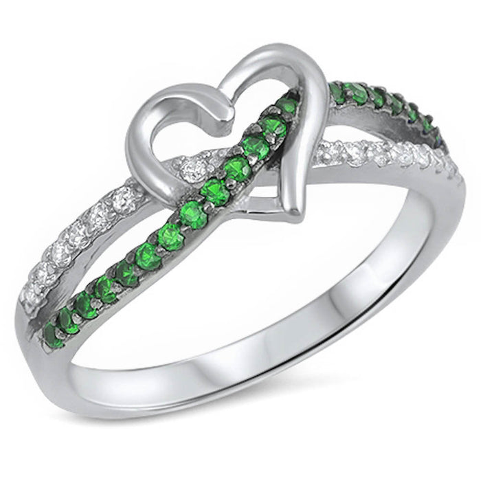 CLOSEOUT! Green Emerald Infinity twist with heart .925 Sterling Silver Ring Sizes 4-5, 8-9