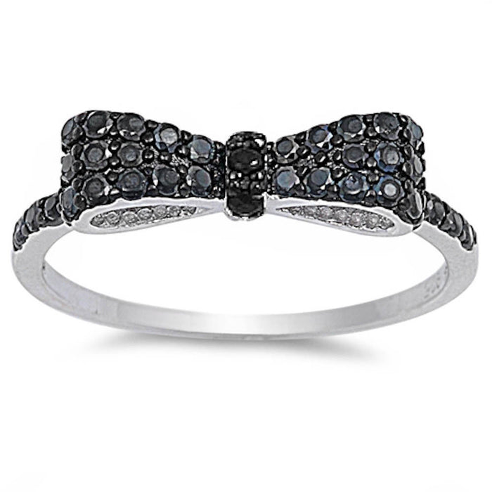 CLOSEOUT!Black Cz Bow Tie .925 Sterling Silver Ring