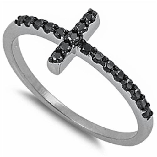CLOSEOUT!Black Cz Sideway Cross .925 Sterling Silver Ring