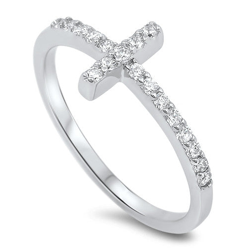 CLOSEOUT!Clear Cz Sideway Cross .925 Sterling Silver Ring