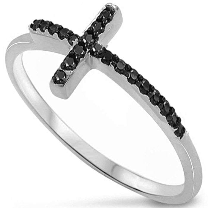 CLOSEOUT!Hot Trend Sideways Black Cz Cross .925 Sterling Silver Ring
