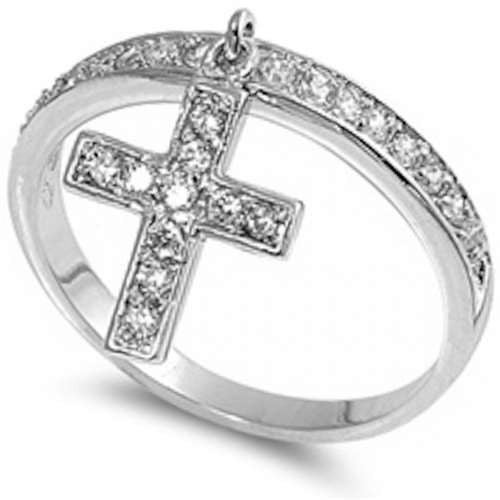 CLOSEOUT! Cz Cross Dangle Ring .925 Sterling Silver