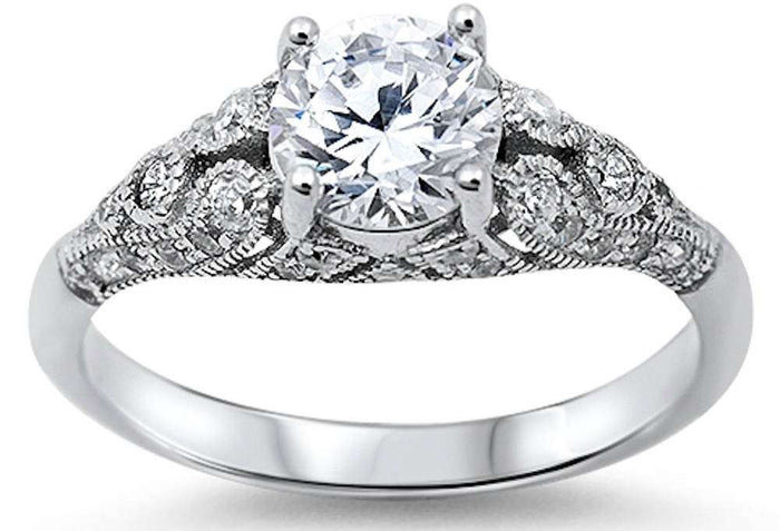 CLOSEOUT! Antique Design Round Cubic Zirconia .925 Sterling Silver Ring