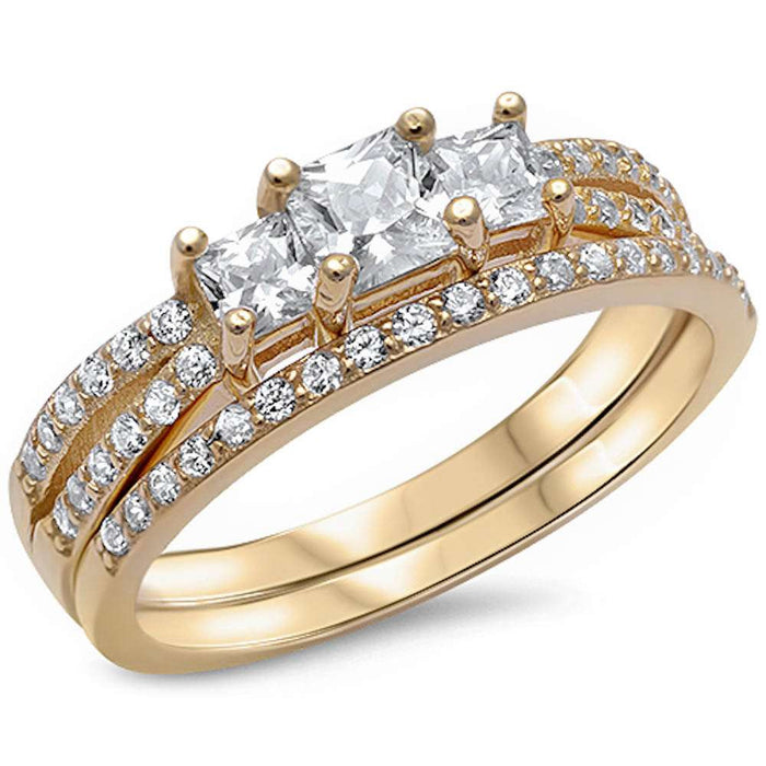 CLOSEOUT!LabYellow Gold Plated Princess cut Cz Engagement Set .925 Sterling Silver