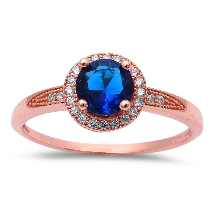 CLOSEOUT! Rose Gold Plated Halo Blue Sapphire Cubic Zirconia .925 Sterling Silver Ring