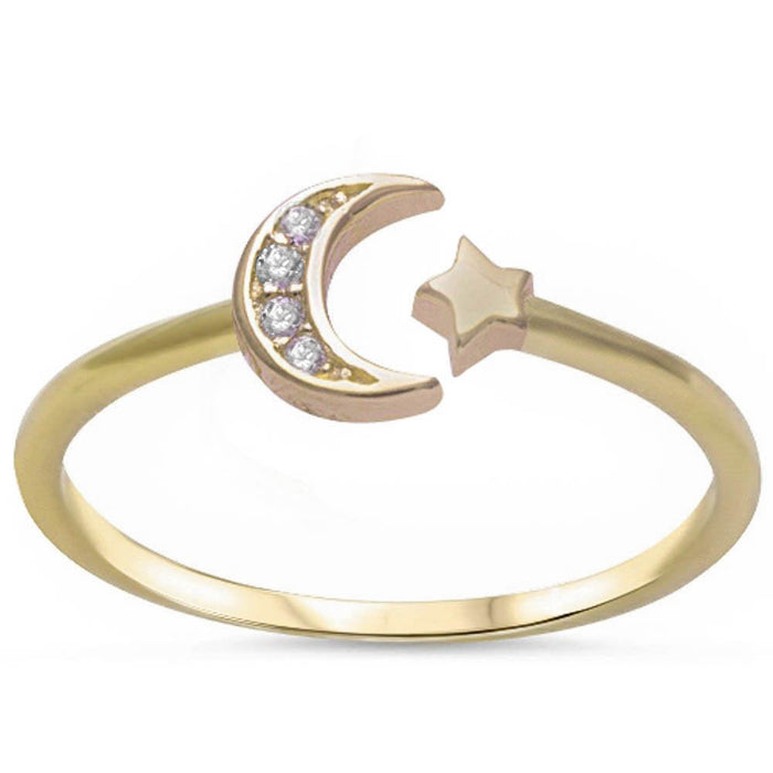 CLOSEOUT! Yellow Gold Plated Cz Crescent Moon & Star .925 Sterling Silver Ring