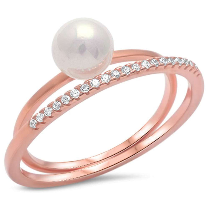 CLOSEOUT! Rose Gold Plated Pearl & Cz .925 Sterling Silver Ring Sizes 4-10