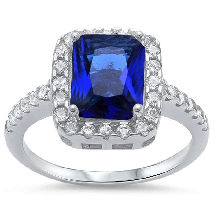 CLOSEOUT! Emerald Cut Blue Sapphire & Cz .925 Sterling Silver Ring