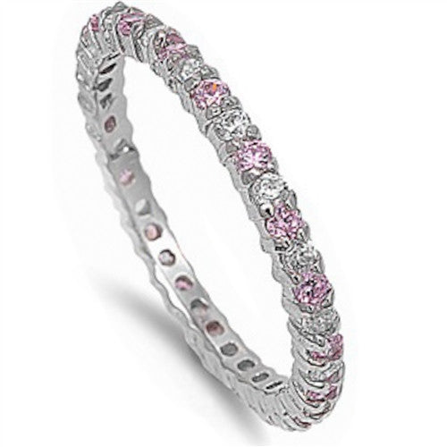 CLOSEOUT! Stackable Pink & Clear Cubic Zirconia .925 Sterling Silver Eternity Band