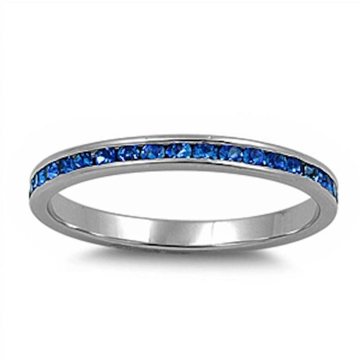 CLOSEOUT!Channel set Blue Sapphire CZ .925 Sterling Silver Eternity Band Sizes 2, 3