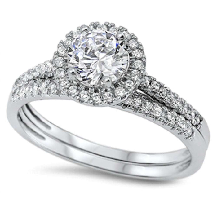 CLOSEOUT! Round Halo Cz Wedding Set .925 Sterling Silver Ring