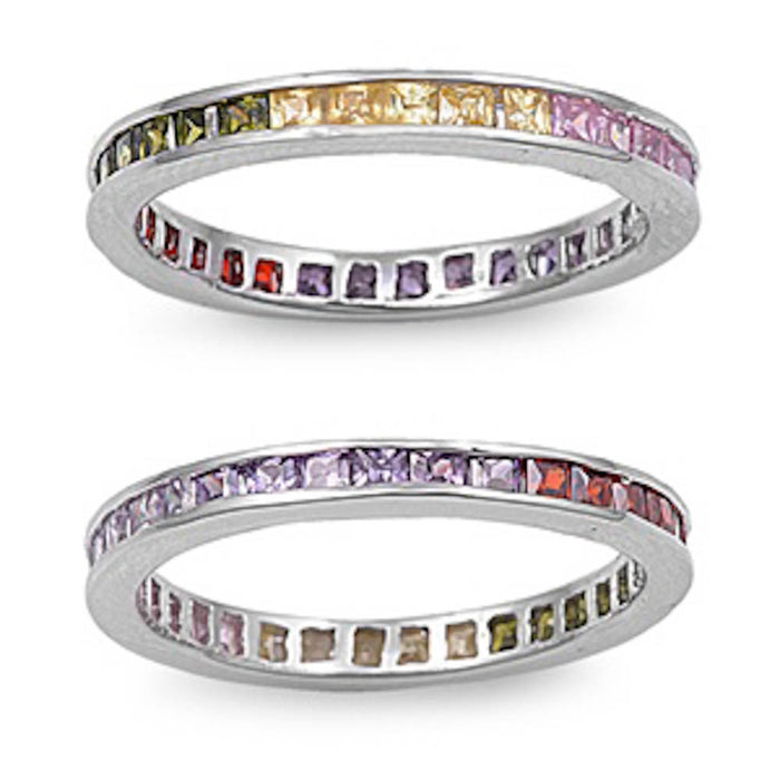 CLOSEOUT!Princess Cut Multi Gemstone .925 Sterling Silver Eternity Band Size 3, 4