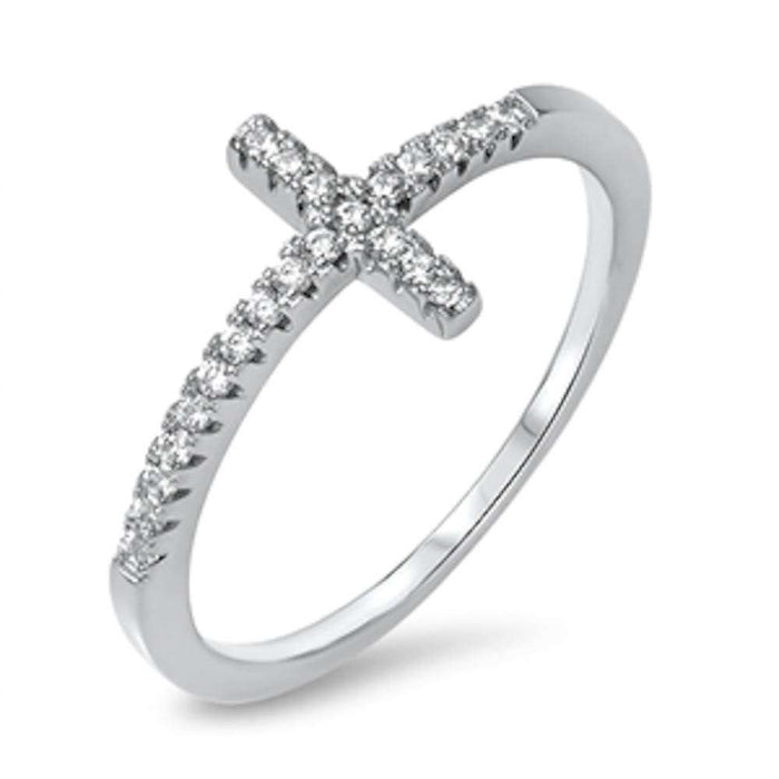 CLOSEOUT! Sideways Cz Cross .925 Sterling Silver Ring