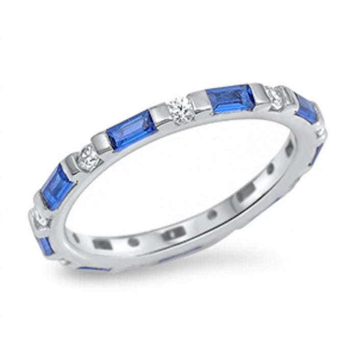 CLOSEOUT! Cz and Blue Sapphire Band .925 Sterling Silver Ring Sizes 4-10