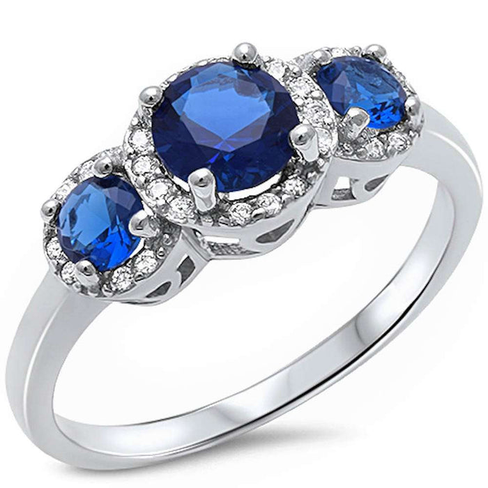 CLOSEOUT!Halo 3 Blue Sapphire Stone & Cz .925 Sterling Silver Ring