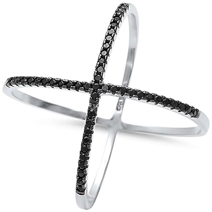 CLOSEOUT! Black Cz Cross Cross "X" .925 Sterling Silver Ring