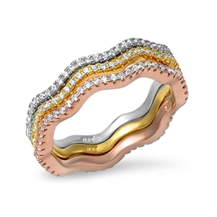 CLOSEOUT!Tri-Color Cubic Zirconia Band Set .925 Sterling Silver Ring Sizes 4-10