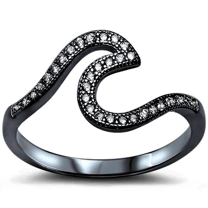 CLOSEOUT! Black Plated Cubic Zirconia Wave .925 Sterling Silver Ring